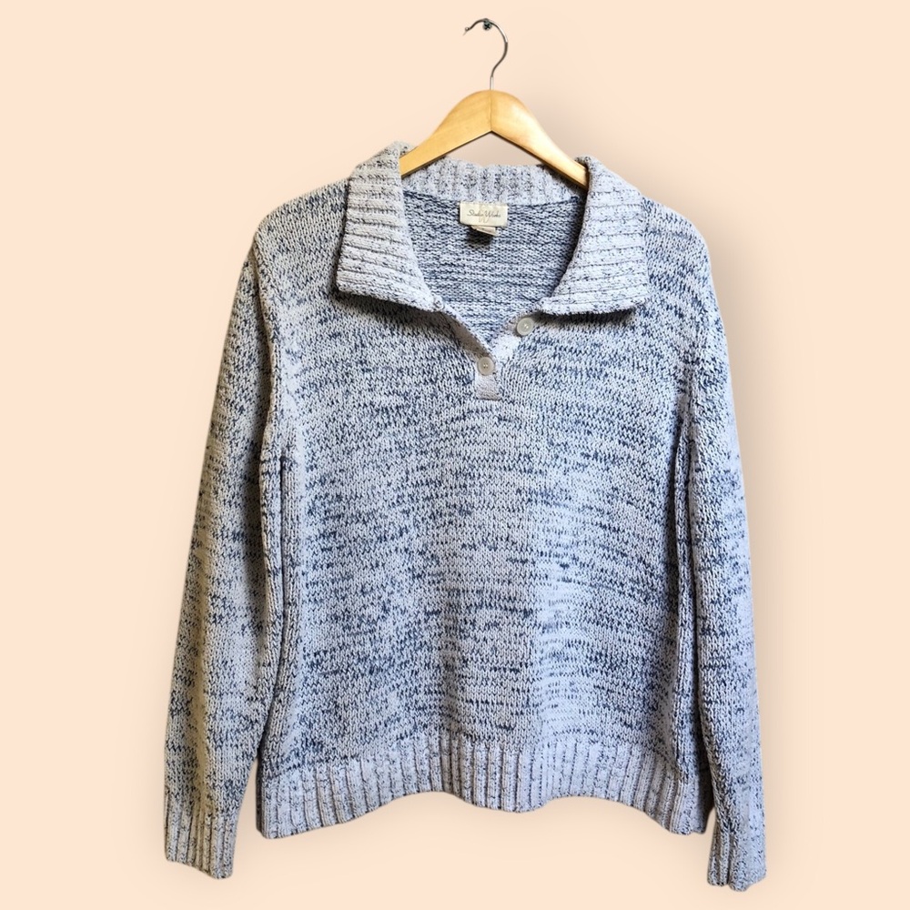 Vintage 90s Studio Works Blue White Knit Collared Button Sweater Women’s XL